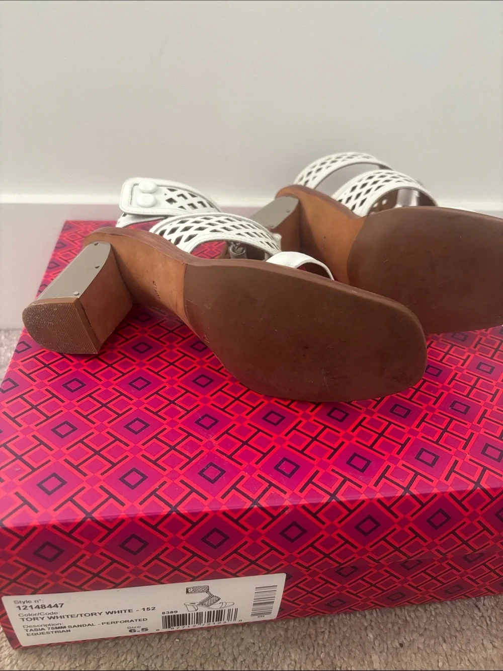 Tory Burch White Perforated Leather Block Heel Sandals